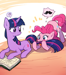 Size: 455x513 | Tagged: safe, artist:baekgup, derpibooru import, pinkie pie, twilight sparkle, unicorn twilight, earth pony, pony, unicorn, blushing, book, confused, exclamation point, frown, happy, interrobang, moustache, prone, question mark, reading, shocked, tail