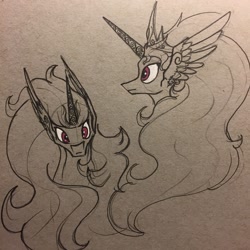Size: 1280x1280 | Tagged: safe, artist:greyscaleart, princess celestia, alicorn, pony, bust, female, frown, head, helmet, lineart, long mane, looking at you, mare, messy mane, profile, solo, traditional art, wide eyes, wing ears