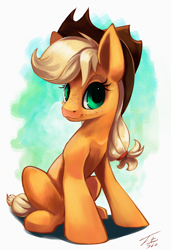 Size: 822x1200 | Tagged: safe, artist:tsitra360, applejack, earth pony, pony, freckles, looking at you, sitting, smiling, solo