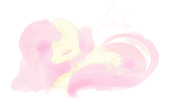 Size: 900x531 | Tagged: safe, artist:dracini, fluttershy, pegasus, pony, eyes closed, folded wings, name, prone, simple background, solo, white background