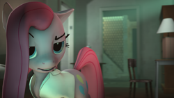 Size: 1920x1080 | Tagged: safe, artist:ferexes, pinkie pie, earth pony, pony, 3d, chair, clothes, lamp, open clothes, pinkamena diane pie, shirt, solo, unamused