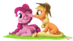 Size: 1024x576 | Tagged: safe, artist:the1xeno1, applejack, pinkie pie, earth pony, pony, applejack's hat, cowboy hat, ear bite, hat, one eye closed, simple background, white background, wink