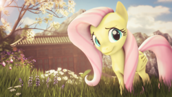 Size: 4000x2250 | Tagged: safe, artist:redaceofspades, fluttershy, pegasus, pony, 3d, beautiful, building, cute, field, flower, looking at you, mountain, poster, shyabetes, solo, source filmmaker, tree