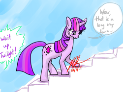 Size: 1600x1200 | Tagged: safe, artist:asclearascrystal, derpibooru import, spike, twilight sparkle, dragon, stairs