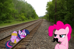 Size: 1024x681 | Tagged: safe, artist:bluse, derpibooru import, edit, pinkie pie, twilight sparkle, twilight sparkle (alicorn), alicorn, earth pony, pony, bondage, damsel in distress, dastardly whiplash, female, hogtied, irl, mare, moustache, peril, photo, ponies in real life, rope, tied to tracks, tied up, train tracks