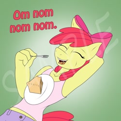 Size: 1000x1000 | Tagged: safe, artist:lil miss jay, apple bloom, anthro, armpits, clothes, eating, fork, pie, plate, solo, tanktop