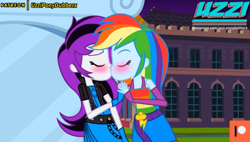 Size: 713x404 | Tagged: safe, artist:uzzi-ponydubberx, derpibooru import, rainbow dash, oc, equestria girls, bedroom eyes, blushing, canon x oc, canterlot high, clothes, eyes closed, fall formal outfits, female, fingerless gloves, gloves, holding hands, kissing, lesbian, shipping, sleeveless