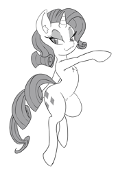 Size: 3024x4032 | Tagged: safe, artist:larrykitty, rarity, pony, semi-anthro, unicorn, :3, bedroom eyes, bipedal, cheek fluff, chest fluff, colored pupils, ear fluff, eyeshadow, female, fluffy, lidded eyes, looking at you, makeup, mare, monochrome, pubic fluff, raised leg, shoulder fluff, smiling, solo