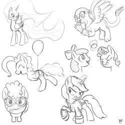 Size: 2000x2000 | Tagged: safe, artist:yakoshi, apple bloom, gabby, philomena, pinkie pie, princess celestia, sweetie belle, twist, oc, oc:littlepip, alicorn, earth pony, griffon, phoenix, pony, unicorn, fallout equestria, apple, balloon, black and white, blushing, bow, candy, candy cane, clothes, cutie mark, eyes closed, fanfic, fanfic art, female, filly, floating, foal, food, glasses, glowing horn, grayscale, gritted teeth, hair bow, hooves, horn, levitation, looking at you, looking back, magic, mare, monochrome, mouth hold, nom, open mouth, pipbuck, simple background, sketch, smiling, spread wings, teeth, telekinesis, then watch her balloons lift her up to the sky, underhoof, vault suit, waving, white background, wings