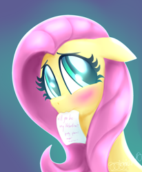 Size: 1400x1700 | Tagged: safe, artist:siggie740, fluttershy, pegasus, pony, blushing, bust, cute, floppy ears, gradient background, looking at you, mouth hold, note, portrait, shyabetes, simple background, solo, valentine's day