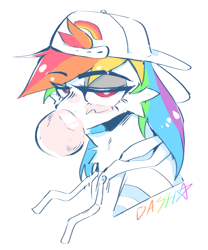 Size: 2652x3192 | Tagged: safe, artist:dino_horse, derpibooru import, rainbow dash, pegasus, pony, blushing, bubble, bubblegum, clothes, cool, cute, dashabetes, female, food, gum, hat, hoodie, jacket, lidded eyes, mare, rainbow, simple background, solo, too cool for school, wingding eyes