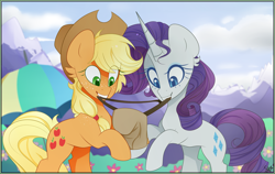 Size: 2955x1872 | Tagged: dead source, safe, artist:sydmeu, applejack, rarity, earth pony, pony, unicorn, wonderbolts academy, applejack's hat, cowboy hat, cutie mark, duo, female, hat, horn, saddle bag, scene interpretation, smiling