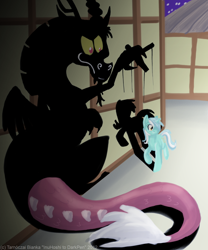 Size: 600x720 | Tagged: safe, artist:inuhoshi-to-darkpen, discord, lyra heartstrings, draconequus, pony, unicorn, duo, manipulation, night, puppet strings, shadow