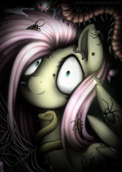 Size: 1024x1448 | Tagged: safe, artist:jadekettu, fluttershy, cockroach, insect, pegasus, pony, snake, spider, every little thing she does, black background, bug armor, creepy, cricket (insect), dark, fiducia compellia, hypnosis, hypnotized, looking at you, millipede, shrunken pupils, simple background, smiling, solo, spider web, wide eyes