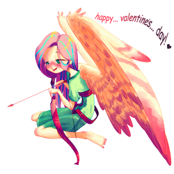 Size: 1920x1920 | Tagged: safe, artist:halem1991, fluttershy, equestria girls, arrow, barefoot, blue streak, blushing, bow (weapon), bow and arrow, clothes, colored pupils, cupid, dress, eye clipping through hair, eyelashes, feet, female, heart, heart eyes, kneeling, large wings, lidded eyes, open mouth, simple background, smiling, solo, spread wings, text, transparent background, valentine's day, weapon, wing fluff, wingding eyes, winged humanization, wings