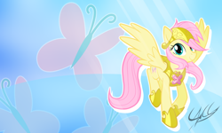 Size: 1000x600 | Tagged: safe, artist:equestria-prevails, artist:ponychaos13, derpibooru import, edit, fluttershy, pegasus, pony, armor, element of kindness, vector, wallpaper, wallpaper edit