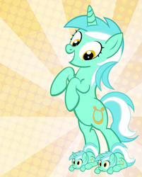 Size: 885x1100 | Tagged: safe, artist:pixelkitties, lyra heartstrings, pony, unicorn, bipedal, clothes, cute, grin, looking at you, lyra doing lyra things, lyra plushie, lyrabetes, plothole plush lyra, plushie, rearing, simple background, slippers, smiling, solo, sunburst background