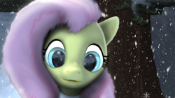 Size: 1920x1080 | Tagged: safe, artist:skrittzs, fluttershy, pegasus, pony, 3d, cute, fluffy, i really like her mane, poster, shyabetes, snow, snowfall, solo, source filmmaker, winter