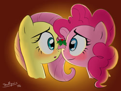 Size: 1200x900 | Tagged: safe, artist:thealjavis, fluttershy, pinkie pie, earth pony, pegasus, pony, blushing, female, flutterpie, gradient background, holly, holly mistaken for mistletoe, lesbian, nose wrinkle, nuzzling, shipping, smiling