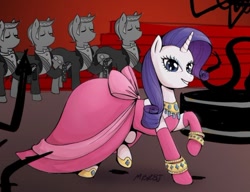 Size: 500x383 | Tagged: safe, artist:thesweetandthestrange, rarity, pony, unicorn, '83, 80s, clothes, diamonds are a girl's best friend (song), dress, female, gentlemen prefer blondes, jewelry, madonna, male, mare, marilyn monroe, material girl, smiling, stallion, suit, tuxedo