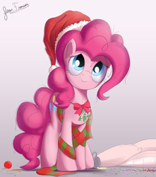 Size: 1802x2040 | Tagged: safe, artist:bugplayer, pinkie pie, earth pony, pony, bugplayer is trying to murder us, christmas, clothes, confetti, cute, diapinkes, female, hat, looking at you, looking up, mare, mistletoe, pillow, santa hat, scarf, smiling, solo