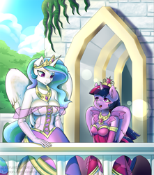 Size: 797x900 | Tagged: safe, artist:draltruist, part of a series, part of a set, princess celestia, twilight sparkle, twilight sparkle (alicorn), alicorn, anthro, balcony, big breasts, big crown thingy, breasts, castle, cleavage, clothes, dress, female, horn, jewelry, looking at each other, princess breastia, regalia, vine, wings