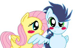 Size: 728x472 | Tagged: safe, artist:margaretlovez, fluttershy, soarin', pegasus, pony, blushing, female, male, shipping, simple background, soarinshy, straight