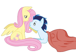 Size: 1308x932 | Tagged: safe, artist:margaretlovez, fluttershy, soarin', pegasus, pony, blanket, blushing, eye contact, female, looking at each other, male, prone, shipping, simple background, sitting, soarinshy, straight, transparent background, vector