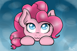 Size: 916x600 | Tagged: safe, artist:spirit-dude, pinkie pie, earth pony, pony, :3, abstract background, blue background, cute, diapinkes, no pupils, pink hair, smiling, solo, sparkly eyes