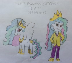 Size: 2416x2097 | Tagged: safe, artist:smurfettyblue, derpibooru exclusive, princess celestia, principal celestia, alicorn, pony, equestria girls, celestia day, crown, human ponidox, jewelry, regalia, self ponidox, text, traditional art