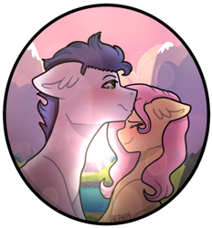 Size: 634x683 | Tagged: safe, artist:artistcoolpony, fluttershy, soarin', pegasus, pony, backlighting, blushing, bust, cuddling, female, male, profile, shipping, snuggling, soarinshy, straight, sunset