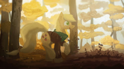 Size: 2670x1500 | Tagged: safe, artist:fuzzyfox11, applejack, earth pony, pony, autumn, bandana, clothes, forest, hatless, missing accessory, solo