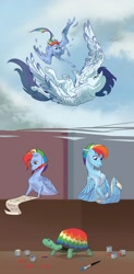 Size: 1280x2609 | Tagged: safe, artist:varwing, derpibooru import, rainbow dash, soarin', tank, pegasus, pony, colored wings, colored wingtips, female, male, scroll, shipping, soarindash, straight