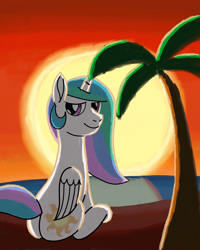 Size: 2400x3000 | Tagged: safe, artist:saburodaimando, princess celestia, alicorn, pony, beach, palm tree, plot, sitting, sun, sunset, tree