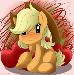 Size: 2040x2068 | Tagged: safe, artist:mercurycraft7, applejack, earth pony, pony, apple, blushing, cute, filly, filly applejack, food, jackabetes, looking at you, smiling, solo