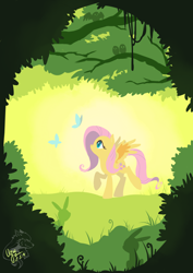 Size: 1240x1748 | Tagged: safe, artist:ogre, fluttershy, bird, butterfly, pegasus, pony, rabbit, forest, looking at something, looking up, no mouth, pixiv, profile, raised hoof, solo, spread wings