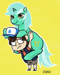 Size: 1012x1250 | Tagged: safe, artist:1eg, lyra heartstrings, crossover, dipper pines, gravity falls, piggyback ride, ponies riding humans, riding