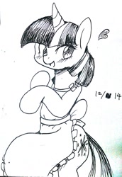 Size: 703x1024 | Tagged: safe, artist:yajima, derpibooru import, twilight sparkle, pony, bipedal, monochrome, solo