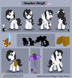 Size: 5400x5834 | Tagged: safe, artist:raspberrystudios, party favor, princess celestia, oc, oc only, oc:somber draft, alicorn, bat, fruit bat, pegasus, pony, absurd resolution, book, clothes, commission, cutie mark, pose, quill, reference sheet, saddle bag, scarf, solo