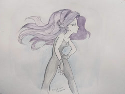 Size: 1024x768 | Tagged: safe, artist:daisymane, rarity, better together, equestria girls, the other side, bare shoulders, jojo pose, jojo's bizarre adventure, limited color, limited palette, partial color, sexy, sleeveless, soft color, solo, strapless, traditional art