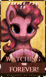 Size: 1000x1667 | Tagged: safe, artist:aschenstern, pinkie pie, earth pony, pony, fallout equestria, clothes, fanfic, fanfic art, female, forever, hooves, looking at you, mare, ministry mares, ministry of morale, pinkie pie is watching you, poster, propaganda, smiling, solo, text