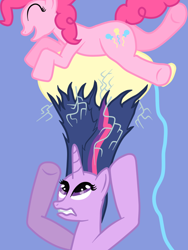Size: 768x1024 | Tagged: safe, artist:leafgrowth, derpibooru import, pinkie pie, twilight sparkle, earth pony, pony, balloon, eyes closed, static electricity