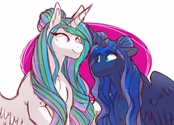 Size: 2500x1800 | Tagged: safe, artist:canisrettmajoris, princess celestia, princess luna, alicorn, pony, alternate hairstyle, beanbrows, bun, cute, cutelestia, duo, eyebrows, female, looking at each other, lunabetes, mare, missing accessory, royal sisters, smiling