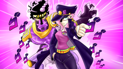 Size: 2560x1440 | Tagged: safe, artist:imskull, discord, fluttershy, human, badass, clothes, crossover, flutterbadass, humanized, japanese, jojo's bizarre adventure, jotaro kujo, star platinum