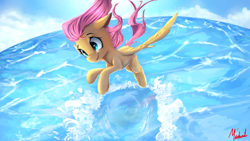 Size: 1920x1080 | Tagged: safe, artist:miokomata, fluttershy, pegasus, pony, cloud, cute, flying, ocean, shyabetes, signature, smiling, solo, spread wings, water, windswept mane