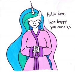 Size: 1164x1116 | Tagged: safe, artist:killerteddybear94, princess celestia, alicorn, anthro, bathrobe, clothes, cropped, cute, cutelestia, eyes closed, female, hands together, mare, robe, smiling, stupid sexy celestia, suggestive source, talking to viewer, traditional art