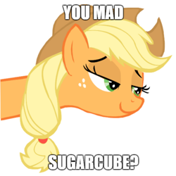 Size: 582x582 | Tagged: safe, applejack, earth pony, pony, appletroll, image macro, meme, reaction image, smugjack, solo, sugarcube, trollface, u mad