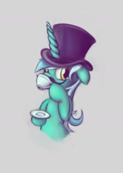 Size: 1321x1855 | Tagged: safe, artist:maxtaka, lyra heartstrings, pony, unicorn, classy, female, floppy ears, gray background, hat, mare, moustache, simple background, solo, tea, top hat