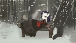 Size: 1920x1080 | Tagged: safe, artist:s.l.guinefort, rarity, pony, unicorn, alternate hairstyle, clothes, dress, female, forest, looking at you, mare, snow, snowfall, solo, tree, winter