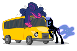 Size: 1500x1000 | Tagged: safe, artist:mixermike622, derpibooru import, nightmare moon, twilight sparkle, bedroom eyes, bus, cargo ship, hug, messy mane, missing accessory, open mouth, shipping, simple background, smiling, transparent background, vector, wat